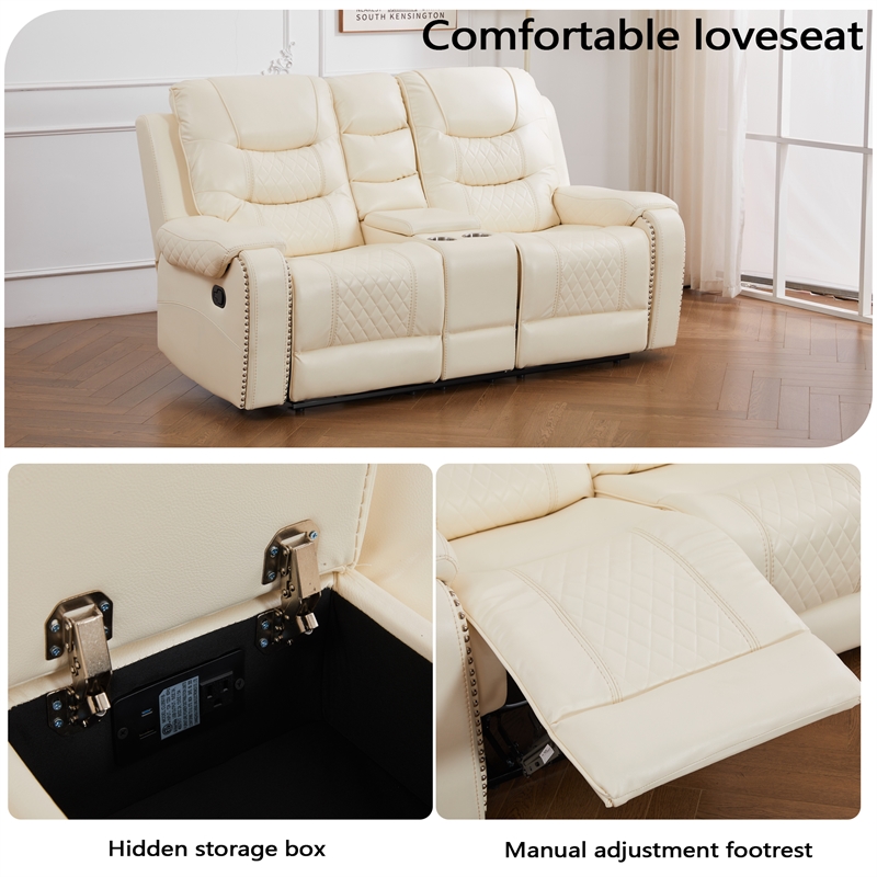 3-Piece Faux Leather Reclining Sofa Set with Drop Down Table USB Charging Beige