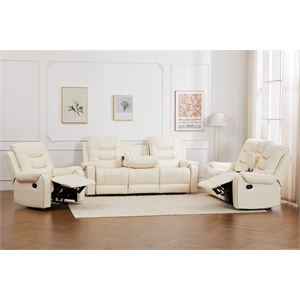 3-Piece Faux Leather Reclining Sofa Set with Drop Down Table USB Charging Beige