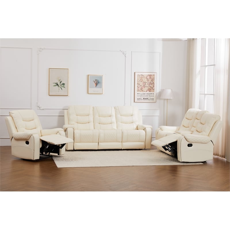 3-Piece Faux Leather Reclining Sofa Set with Drop Down Table USB Charging Beige