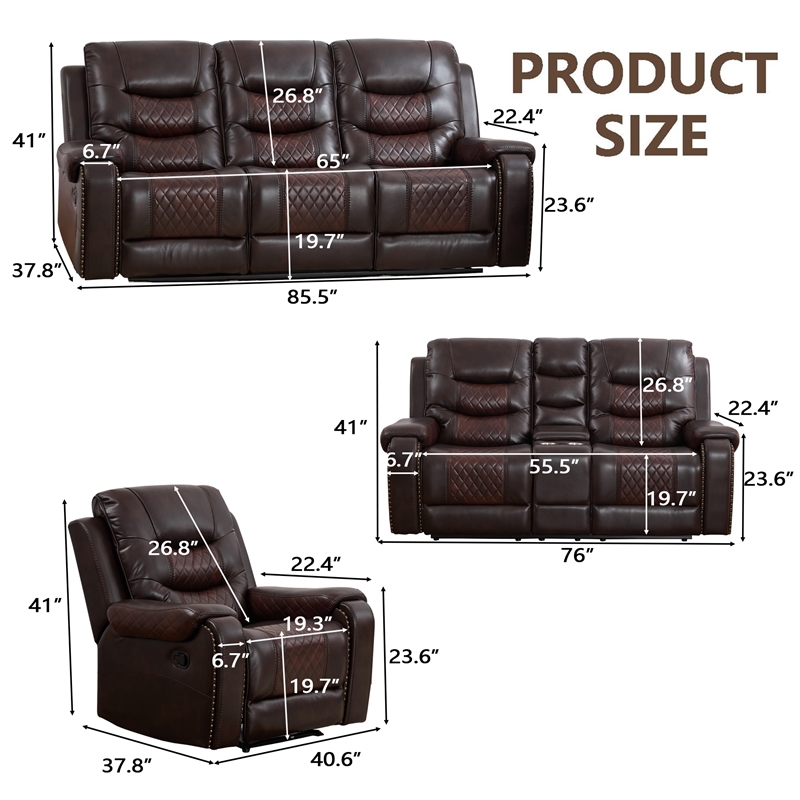 3-Piece Faux Leather Reclining Sofa Set with Drop Down Table USB Charging Brown