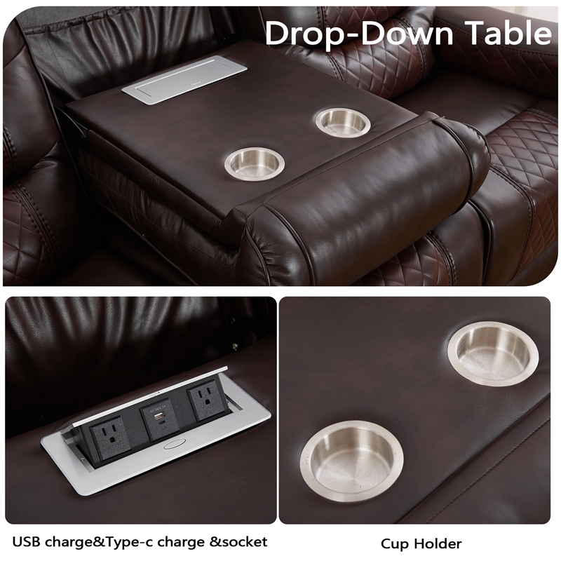 3-Piece Faux Leather Reclining Sofa Set with Drop Down Table USB Charging Brown