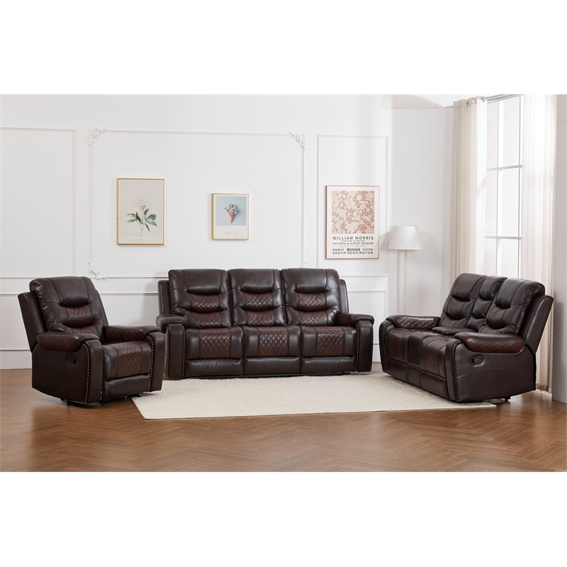 3-Piece Faux Leather Reclining Sofa Set with Drop Down Table USB Charging Brown