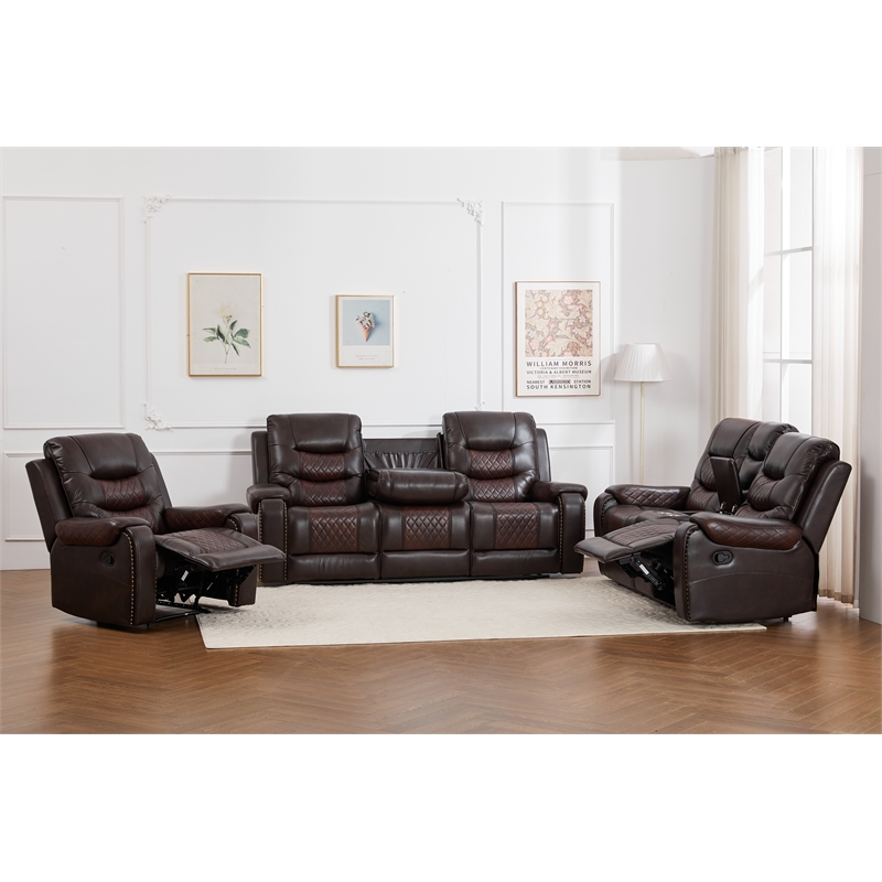 3-Piece Faux Leather Reclining Sofa Set with Drop Down Table USB Charging Brown