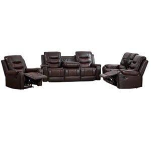 3-Piece Faux Leather Reclining Sofa Set with Drop Down Table USB Charging Brown