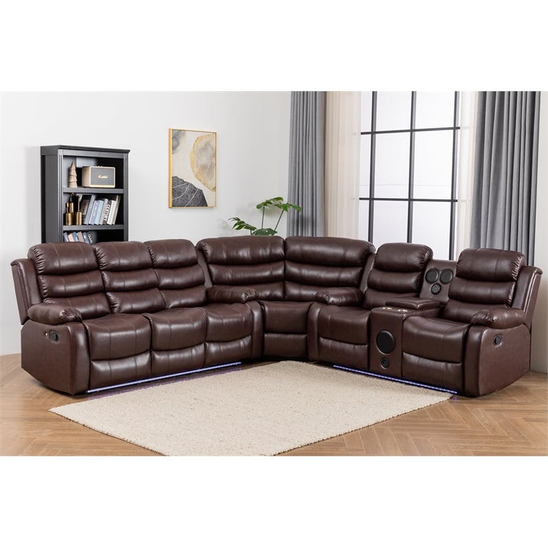 Reclining Sectional Sofa Brown Faux Leather 6-Seater L-Shape Living Room Set