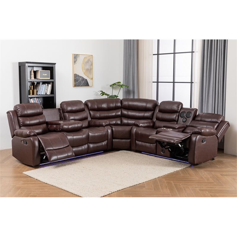 Reclining Sectional Sofa Brown Faux Leather 6-Seater L-Shape Living Room Set