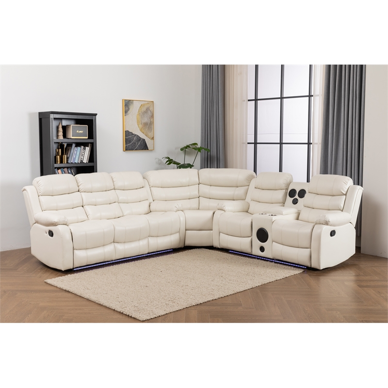 Reclining Sectional Sofa White Faux Leather 6-Seater L-Shape Living Room Set