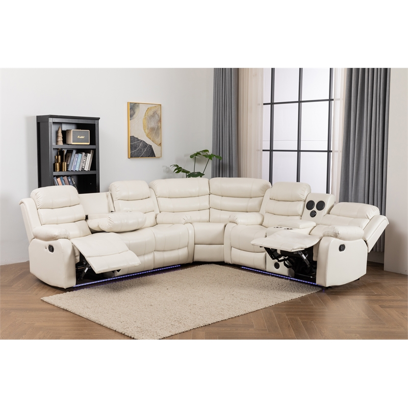 Reclining Sectional Sofa White Faux Leather 6-Seater L-Shape Living Room Set