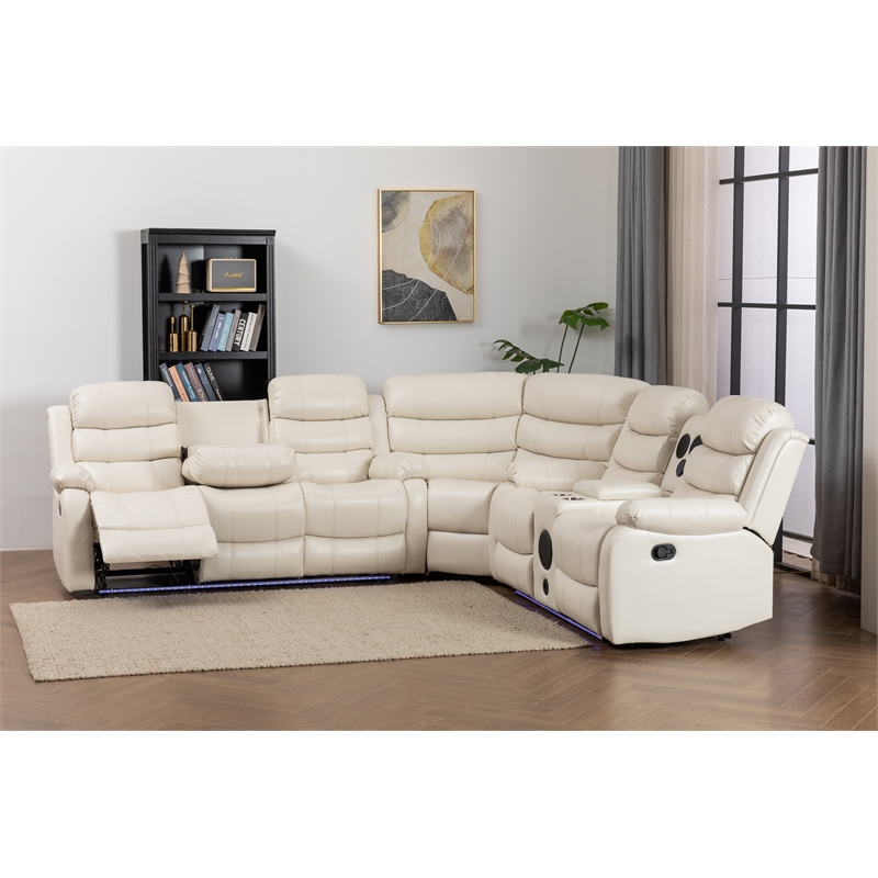Reclining Sectional Sofa White Faux Leather 6-Seater L-Shape Living Room Set