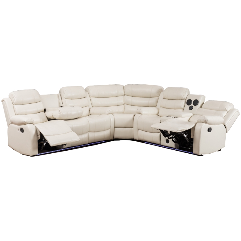 Reclining Sectional Sofa White Faux Leather 6-Seater L-Shape Living Room Set