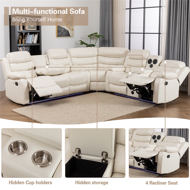 Reclining Sectional Sofa White Faux Leather 6-Seater L-Shape Living Room Set