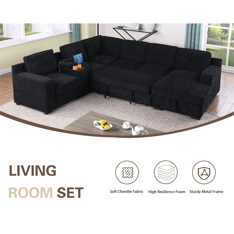 Modern Chenille Sofa 6-Seater Living Room Set Pull Out Sofa Bed-Black