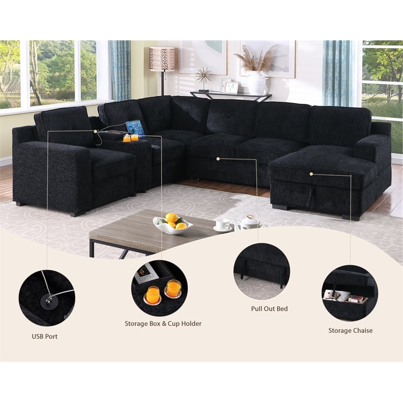 Modern Chenille Sofa 6-Seater Living Room Set Pull Out Sofa Bed-Black