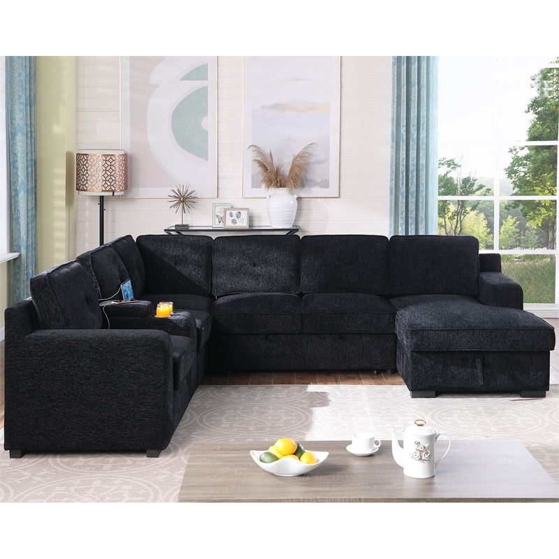 Modern Chenille Sofa 6-Seater Living Room Set Pull Out Sofa Bed-Black
