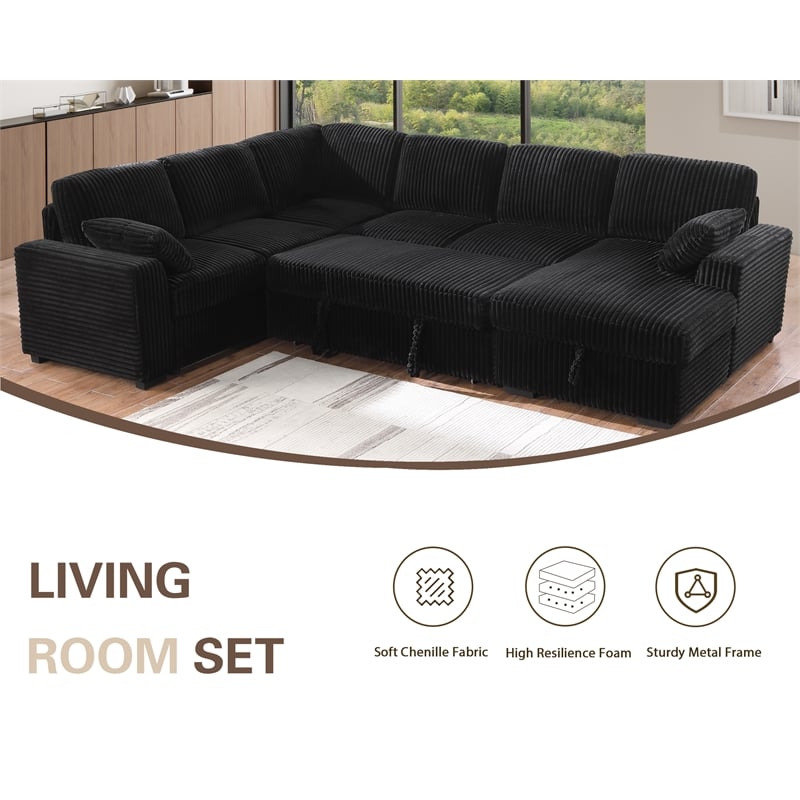Modern Sectional Sleeper Sofa Set with Pull Out Bed Storage Chaise Fabric Black