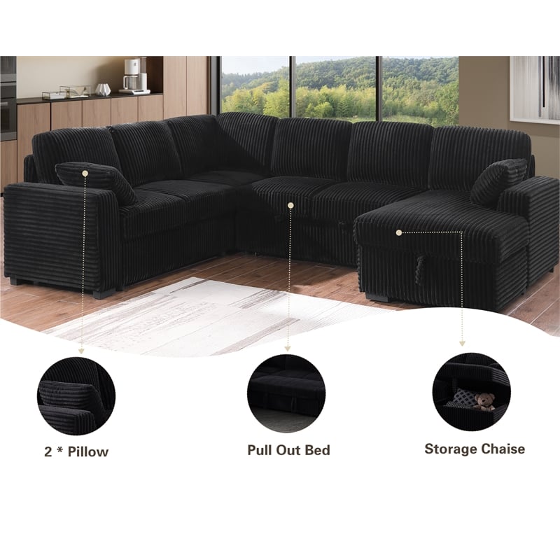 Modern Sectional Sleeper Sofa Set with Pull Out Bed Storage Chaise Fabric Black