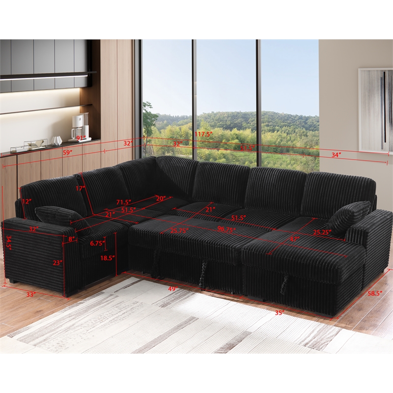 Modern Sectional Sleeper Sofa Set with Pull Out Bed Storage Chaise Fabric Black