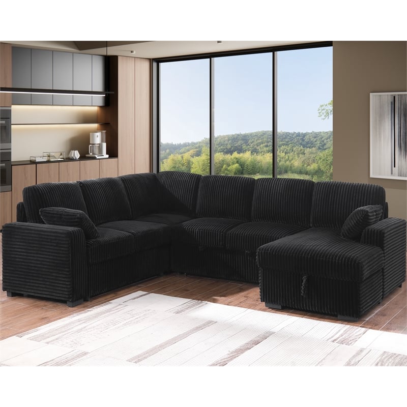 Modern Sectional Sleeper Sofa Set with Pull Out Bed Storage Chaise Fabric Black