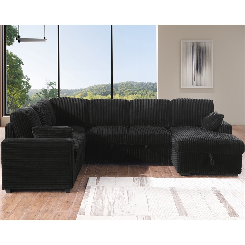Modern Sectional Sleeper Sofa Set with Pull Out Bed Storage Chaise Fabric Black