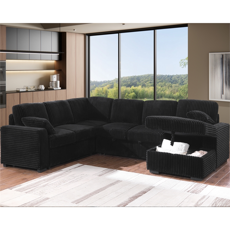 Modern Sectional Sleeper Sofa Set with Pull Out Bed Storage Chaise Fabric Black