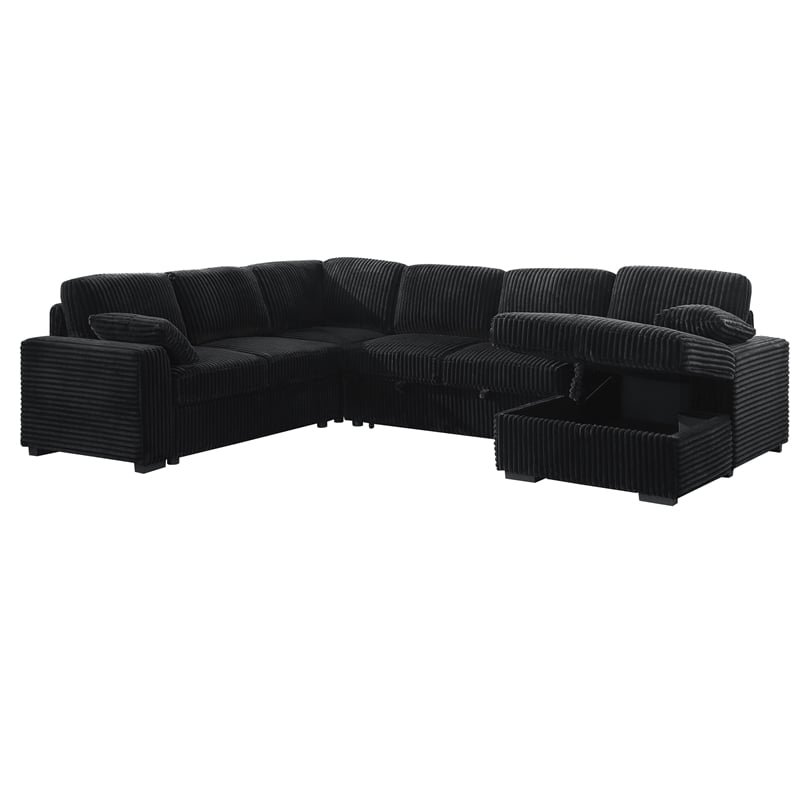 Modern Sectional Sleeper Sofa Set with Pull Out Bed Storage Chaise Fabric Black
