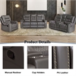 3-Piece Manual Recliner Sofa Set Gray PU Leather with Cup Holders Storage