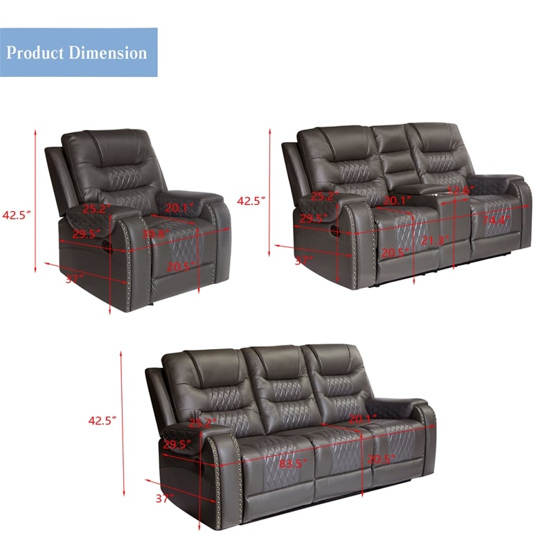 3-Piece Manual Recliner Sofa Set Gray PU Leather with Cup Holders Storage