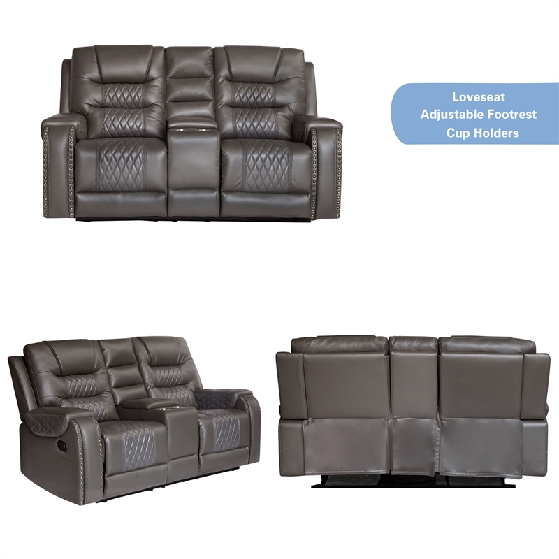 3-Piece Manual Recliner Sofa Set Gray PU Leather with Cup Holders Storage