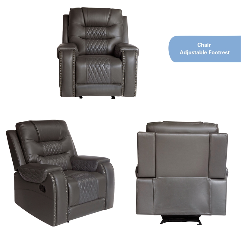 3-Piece Manual Recliner Sofa Set Gray PU Leather with Cup Holders Storage