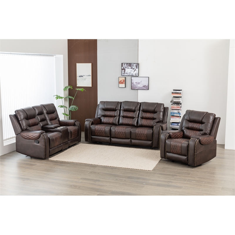 3-Piece Manual Recliner Sofa Set Brown PU Leather with Cup Holders Storage