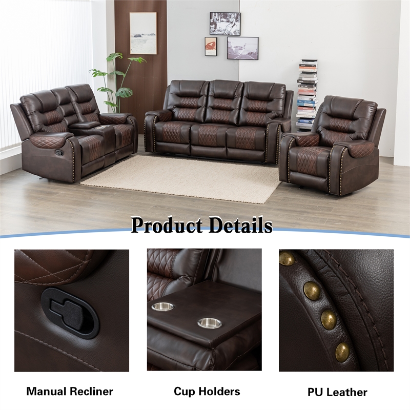 3-Piece Manual Recliner Sofa Set Brown PU Leather with Cup Holders Storage