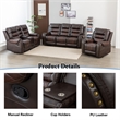 3-Piece Manual Recliner Sofa Set Brown PU Leather with Cup Holders Storage