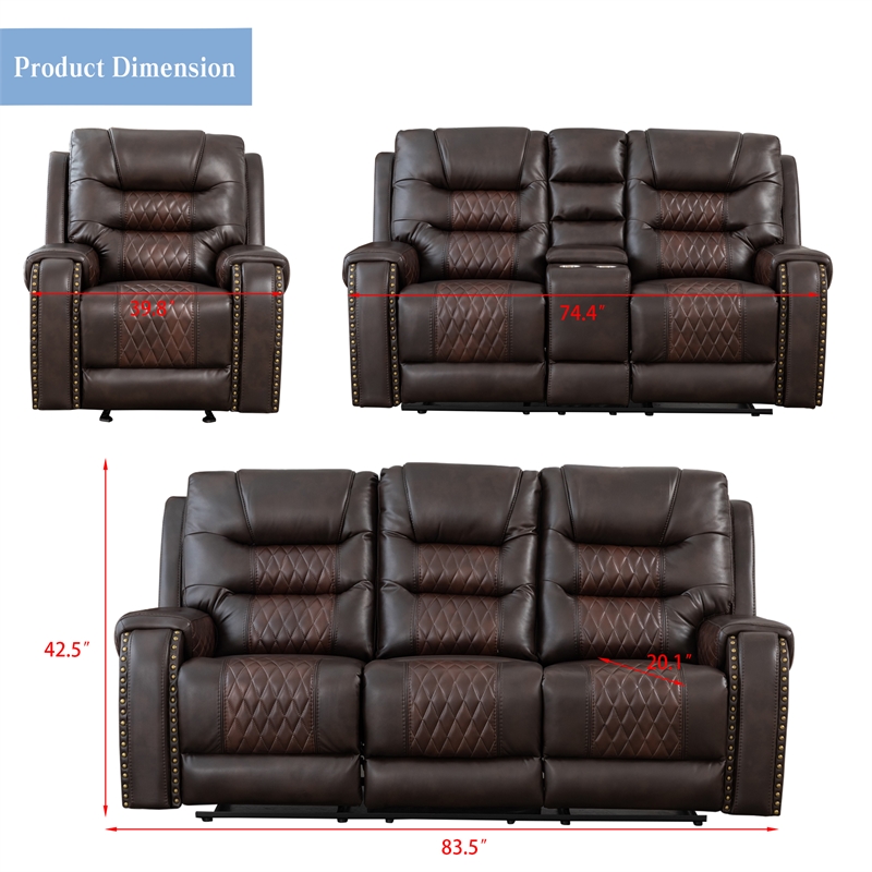 3-Piece Manual Recliner Sofa Set Brown PU Leather with Cup Holders Storage