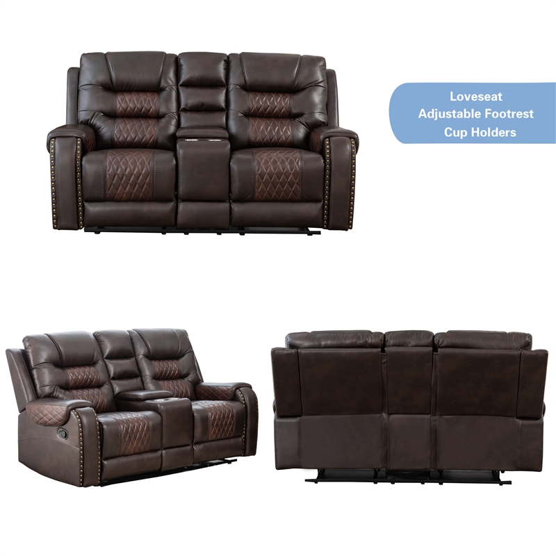 3-Piece Manual Recliner Sofa Set Brown PU Leather with Cup Holders Storage