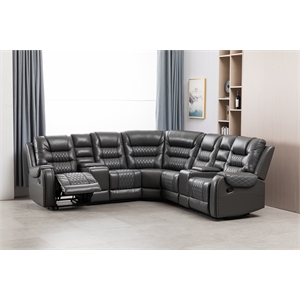 Manual Reclining Sectional Sofa Gray Faux Leather 5-Seat L-Shaped with Storage 4 Cup Holders