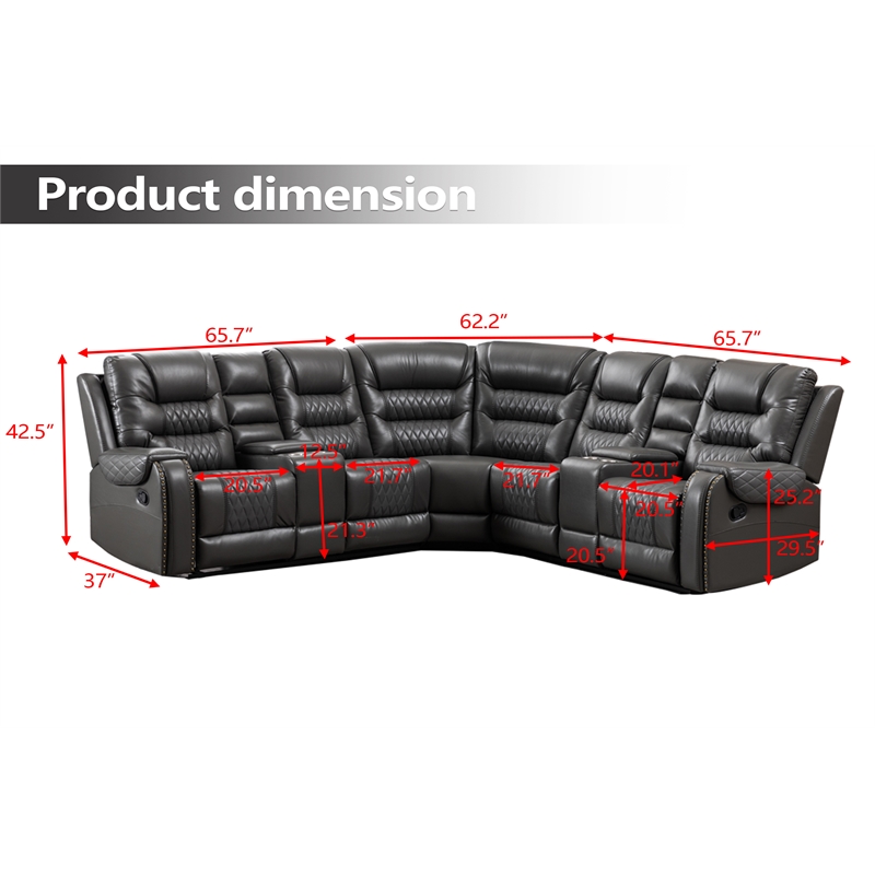 Manual Reclining Sectional Sofa Gray Faux Leather 5-Seat L-Shaped with Storage 4 Cup Holders