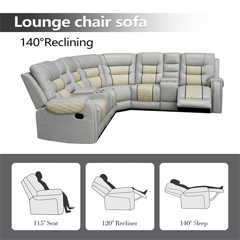 Manual Reclining Sectional Sofa Beige Faux Leather 5-Seat L-Shaped with Storage 4 Cup Holders