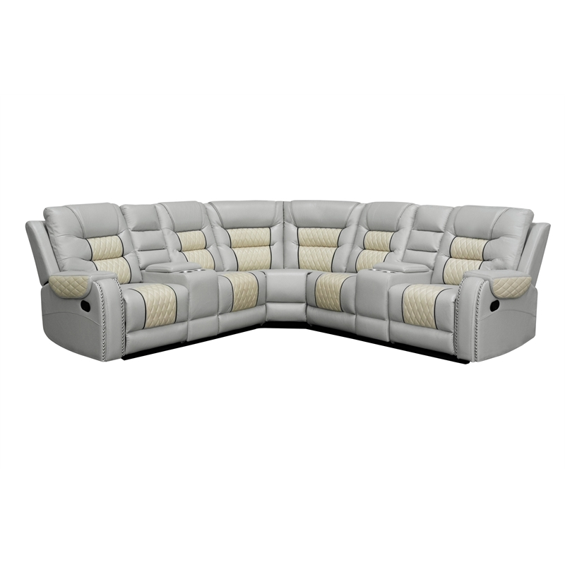 Manual Reclining Sectional Sofa Beige Faux Leather 5-Seat L-Shaped with Storage 4 Cup Holders