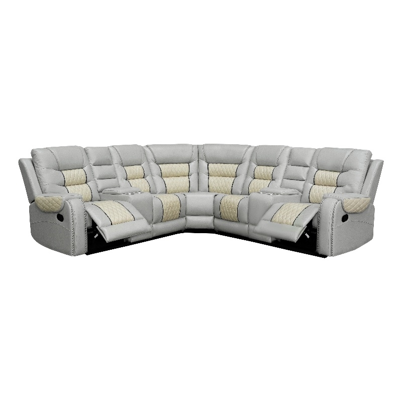 Manual Reclining Sectional Sofa Beige Faux Leather 5-Seat L-Shaped with Storage 4 Cup Holders
