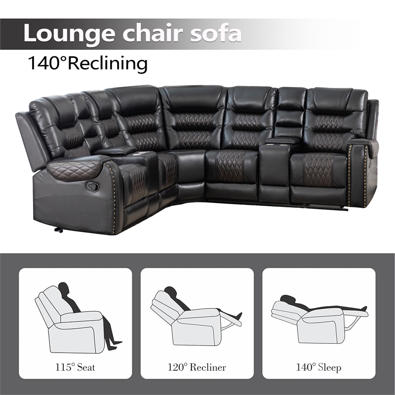 Manual Reclining Sectional Sofa Black Faux Leather 5-Seat L-Shaped with Storage 4 Cup Holders