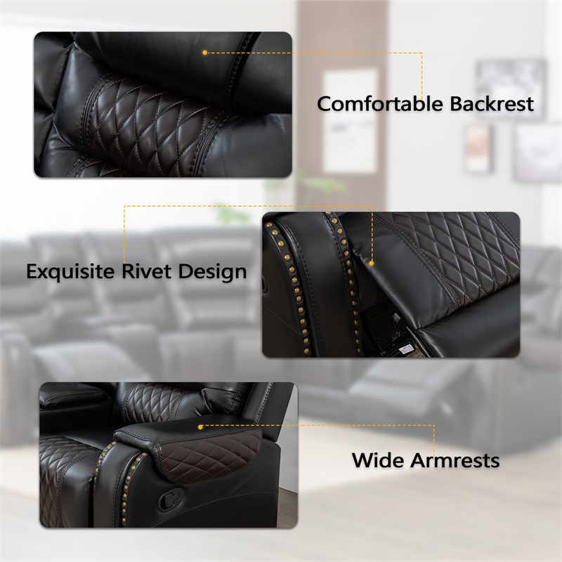 Manual Reclining Sectional Sofa Black Faux Leather 5-Seat L-Shaped with Storage 4 Cup Holders