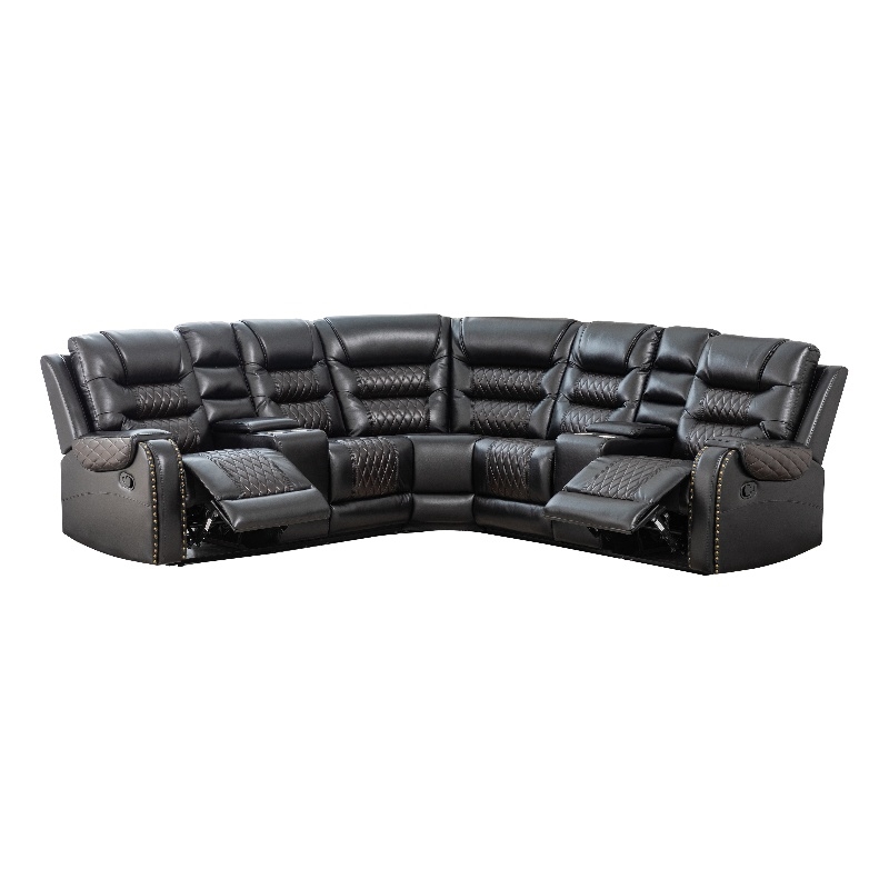Manual Reclining Sectional Sofa Black Faux Leather 5-Seat L-Shaped with Storage 4 Cup Holders