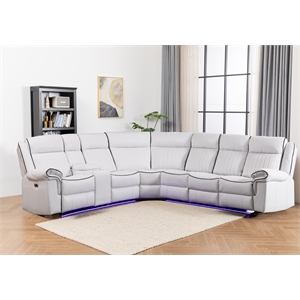 Power Reclining Sectional Faux Leather Sofa Speaker LED Strip White