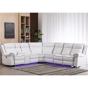 Power Reclining Sectional Faux Leather Sofa Speaker LED Strip White