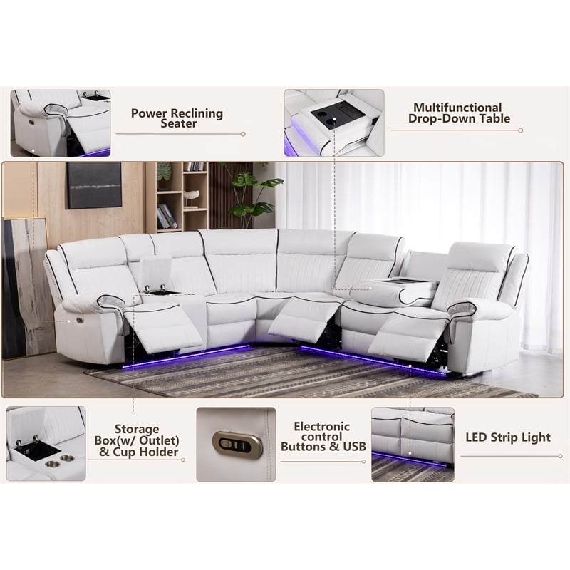 Power Reclining Sectional Faux Leather Sofa Speaker LED Strip White