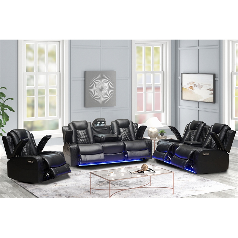 Power Reclining Sofa Set Black Faux Leather 3-Piece & LED Lights Speaker Wireless Charging