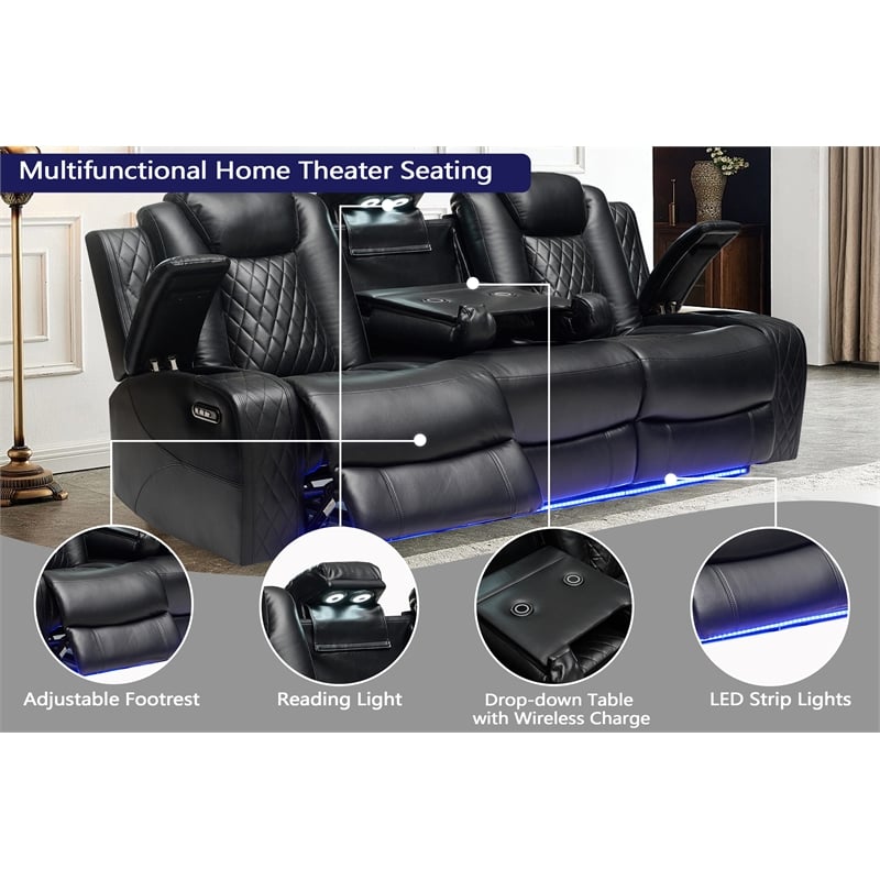 Power Reclining Sofa Set Black Faux Leather 3-Piece & LED Lights Speaker Wireless Charging