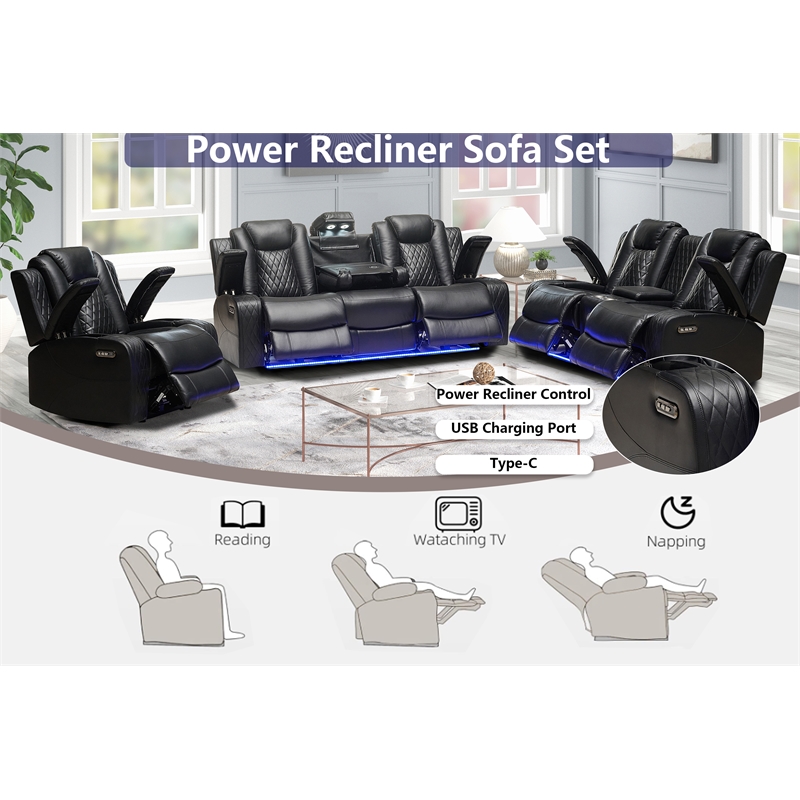 Power Reclining Sofa Set Black Faux Leather 3-Piece & LED Lights Speaker Wireless Charging