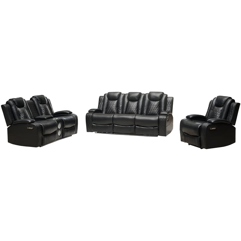 Power Reclining Sofa Set Black Faux Leather 3-Piece & LED Lights Speaker Wireless Charging