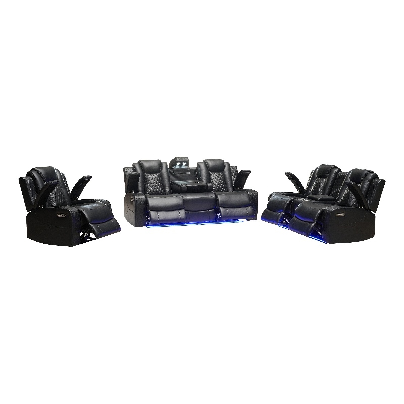 Power Reclining Sofa Set Black Faux Leather 3-Piece & LED Lights Speaker Wireless Charging